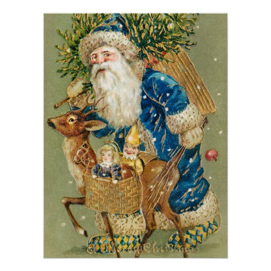 Merry Christmas, Antique Card, Santa and Reindeer Perfect Poster (Voorkant)