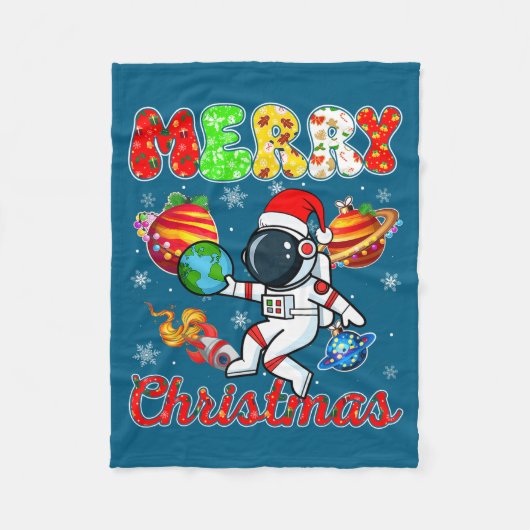 Merry Christmas Astronaut Santa Hat Snowflakes Tre Fleece Deken (Voorkant)