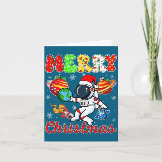 Merry Christmas Astronaut Santa Hat Snowflakes Tre Kaart (Voorkant)