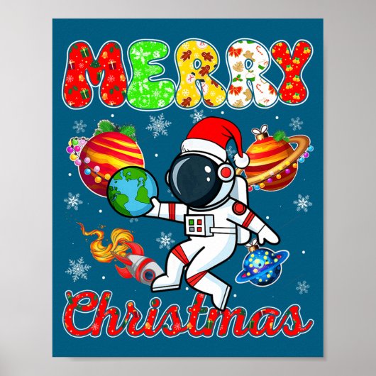 Merry Christmas Astronaut Santa Hat Snowflakes Tre Poster (Voorkant)