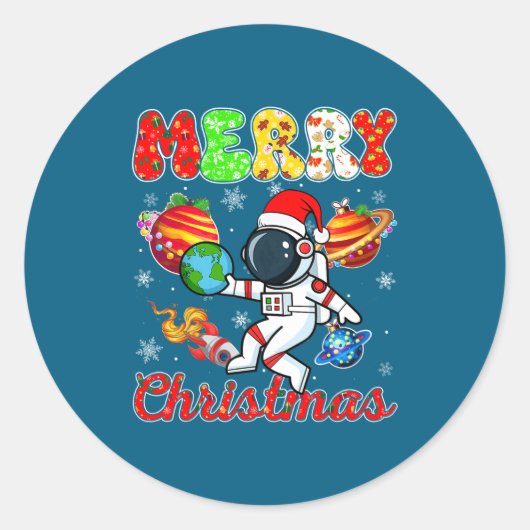 Merry Christmas Astronaut Santa Hat Snowflakes Tre Ronde Sticker (Voorkant)