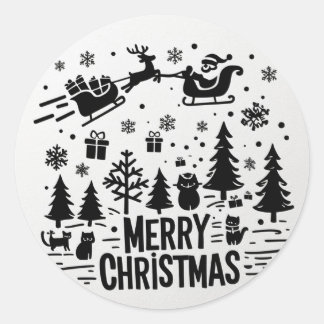 MERRY CHRISTMAS b&w clip art Ronde Sticker