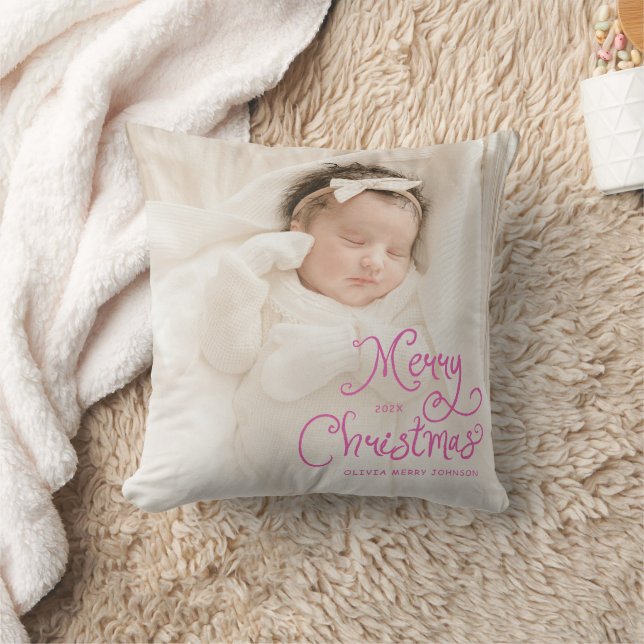 Merry Christmas Baby Photo Pink Kussen (Deken)
