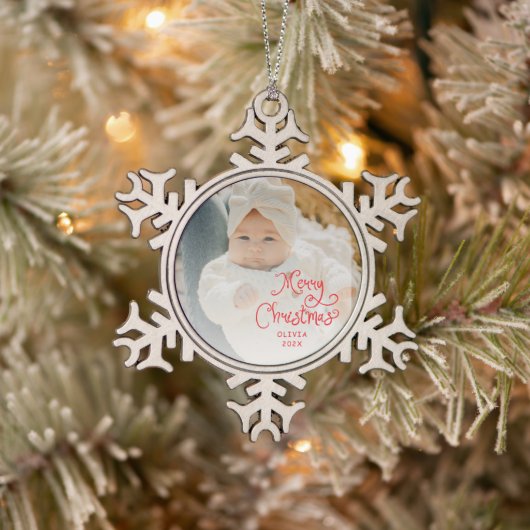 Merry Christmas Baby Photo Tin Sneeuwvlok Ornament (Boom)