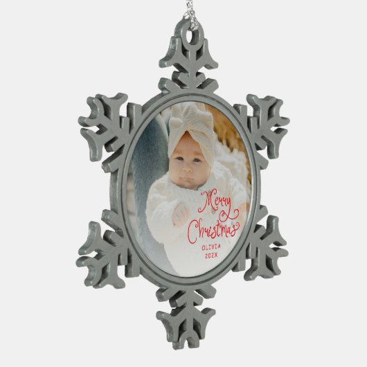 Merry Christmas Baby Photo Tin Sneeuwvlok Ornament (Links)