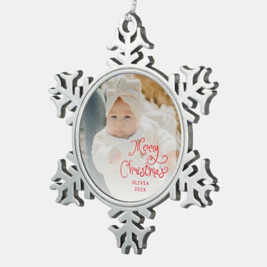 Merry Christmas Baby Photo Tin Sneeuwvlok Ornament (Rechts)