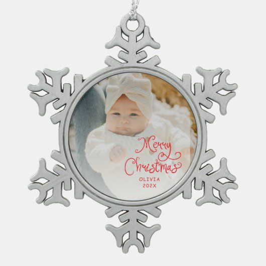 Merry Christmas Baby Photo Tin Sneeuwvlok Ornament (Voorkant)