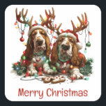 Merry Christmas Basset Hound Dogs Vierkante Sticker<br><div class="desc">Schattigee illustratie van Basset Hound-honden verkleed in Halloweenkostuums. Perfect voor dierenliefhebbers of hondenouders tijdens het Halloween-seizoen!</div>