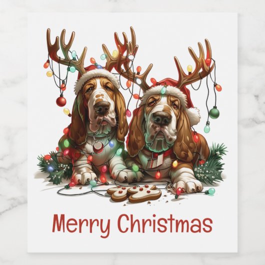 Merry Christmas Basset Hound Dogs Wijn Etiket (Enkel label)