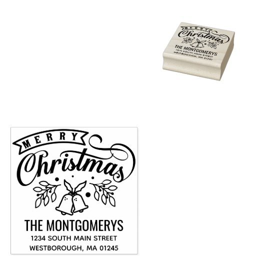 Merry Christmas Bells Script Return Adres Rubberstempel (Gestempeld)