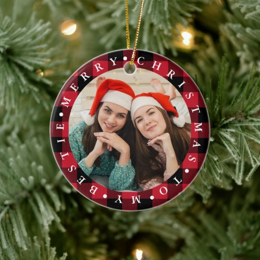 Merry Christmas Bestie Buffalo Plaid Photo  Keramisch Ornament (Boom)