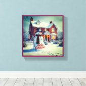 MERRY CHRISTMAS BIG SNOWMAN WINTER SCENE CANVAS AFDRUK (Insitu (Houten vloer))