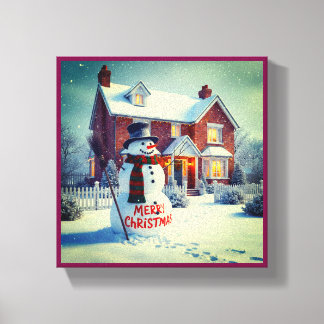 MERRY CHRISTMAS BIG SNOWMAN WINTER SCENE CANVAS AFDRUK