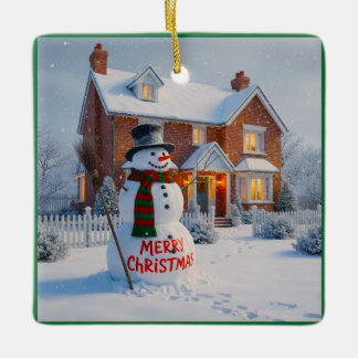 MERRY CHRISTMAS BIG SNOWMAN WINTER SCENE KERAMISCH ORNAMENT