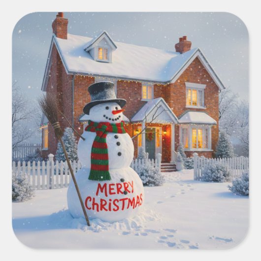 MERRY CHRISTMAS BIG SNOWMAN WINTER SCENE VIERKANTE STICKER (Voorkant)