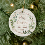 Merry Christmas Birch Eucalyptus Copper Foto Keramisch Ornament<br><div class="desc">Send your love this year with this warme,  earthy Christmas ornament featuring your foto on the back,  a birch bark background and eucalyptus greenery werath,  and your personal foliday greetings. Copyright Elegant Invites,  all rights reserved.</div>