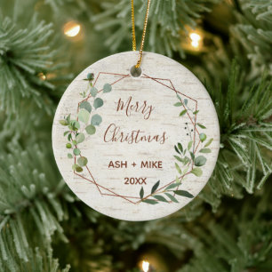 Merry Christmas Birch Eucalyptus Copper Foto Keramisch Ornament