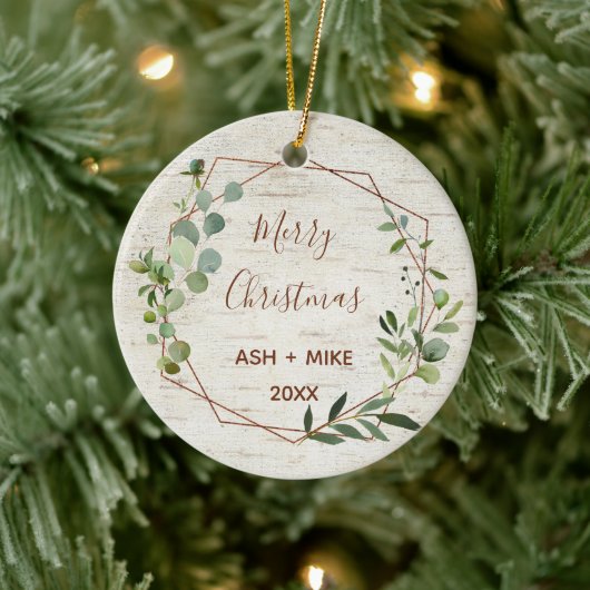Merry Christmas Birch Eucalyptus Copper Foto Keramisch Ornament (Boom)