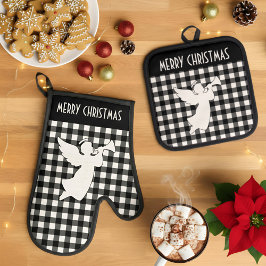 Merry Christmas Black & White Buffalo Plaid Angel Ovenwant & Pannenlap Set