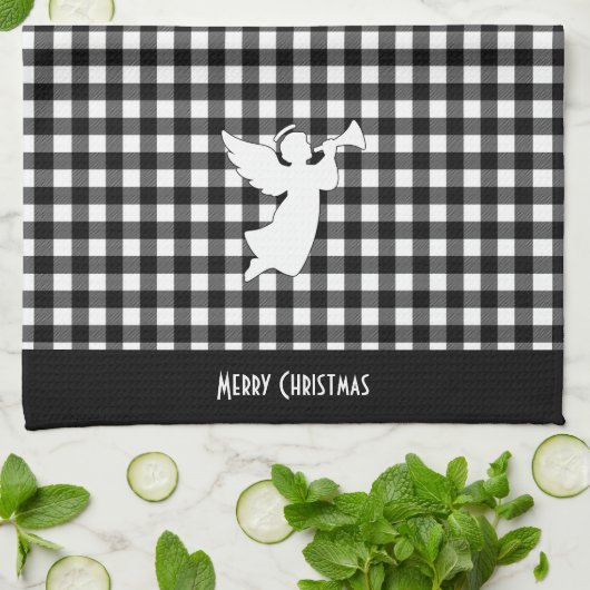 Merry Christmas Black & White Buffalo Plaid Angel Theedoek (Gevouwen)