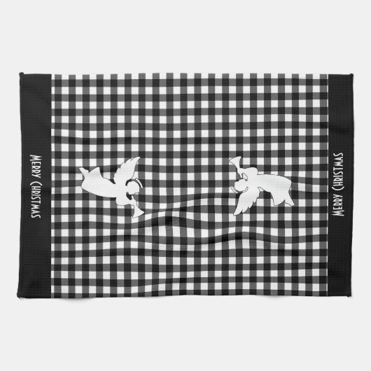 Merry Christmas Black & White Buffalo Plaid Angel Theedoek (Horizontaal)
