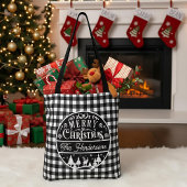 Merry Christmas Black & White Buffalo Plaid Custom Tote Bag