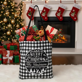 Merry Christmas Black & White Buffalo Plaid Custom Tote Bag