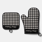 Merry Christmas Black & White Buffalo Plaid Ovenwant & Pannenlap Set (Voorkant)