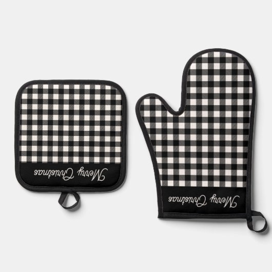 Merry Christmas Black & White Buffalo Plaid Ovenwant & Pannenlap Set (Voorkant)