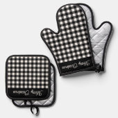 Merry Christmas Black & White Buffalo Plaid Ovenwant & Pannenlap Set (Voorkant / Achterkant)