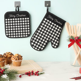 Merry Christmas Black & White Buffalo Plaid Ovenwant & Pannenlap Set