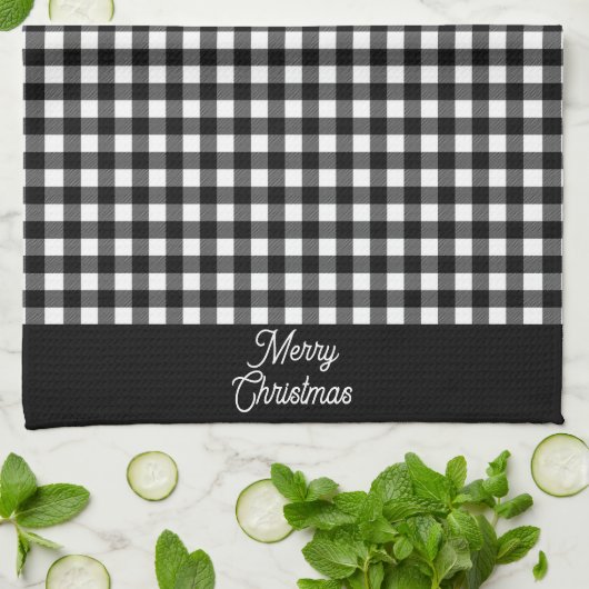 Merry Christmas Black & White Buffalo Plaid Theedoek (Gevouwen)