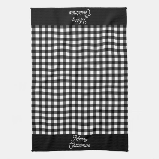 Merry Christmas Black & White Buffalo Plaid Theedoek (Verticaal)