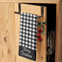 Merry Christmas Black & White Buffalo Plaid Theedoek