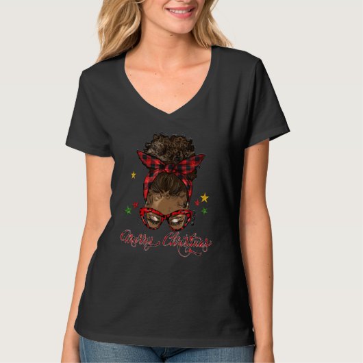 Merry Christmas Black Women Messy Bun Red Plaid T-shirt (Voorkant)