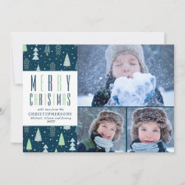 MERRY CHRISTMAS Blauw Groene Bomen 3 Foto's Feestdagenkaart