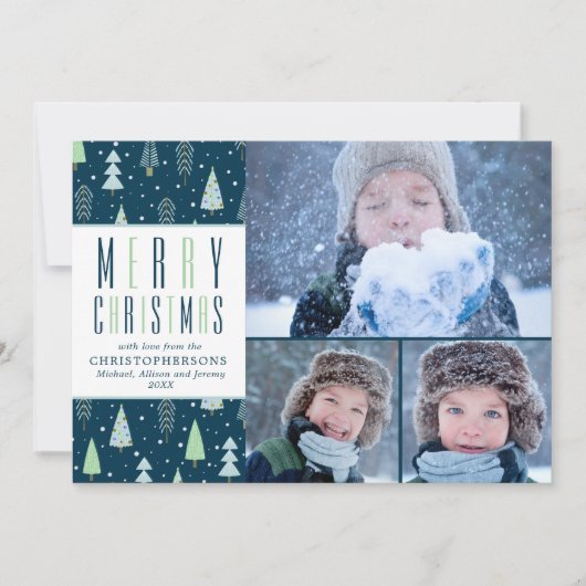 MERRY CHRISTMAS Blauw Groene Bomen 3 Foto's Feestdagenkaart (Voorkant)