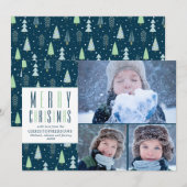 MERRY CHRISTMAS Blauw Groene Bomen 3 Foto's Feestdagenkaart (Voorkant / Achterkant)