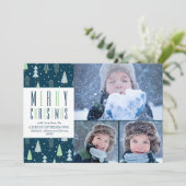 MERRY CHRISTMAS Blauw Groene Bomen 3 Foto's Feestdagenkaart (Staand voorkant)