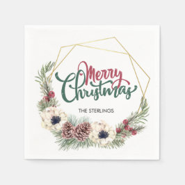 Merry Christmas Bloemen Pine Cone Holly Gold Lijst Servet