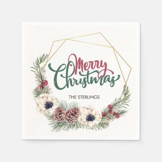 Merry Christmas Bloemen Pine Cone Holly Gold Lijst Servet (Voorkant)