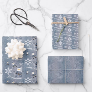 Merry Christmas Blue Denim Jeans Patroon Inpakpapier Vel
