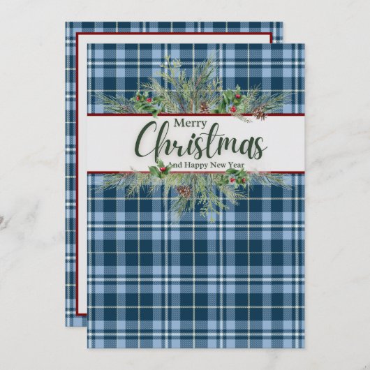 "Merry Christmas"  Blue Gingham Plaid Feestdagenkaart (Voorkant / Achterkant)