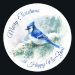 Merry Christmas Blue Jay ronde Stickers<br><div class="desc">Vrolijk kerstfeest en vrolijk nieuwjaar tekst met blauwe jay</div>
