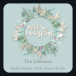 Merry Christmas Blue Mint Ivoor Feestdagen Krans 3 Vierkante Sticker<br><div class="desc">florenceK-design. hedendaagse Feestdagen Kerstmis. knap en uniek uiterlijk.. U kunt de achtergrondkleur wijzigen.</div>