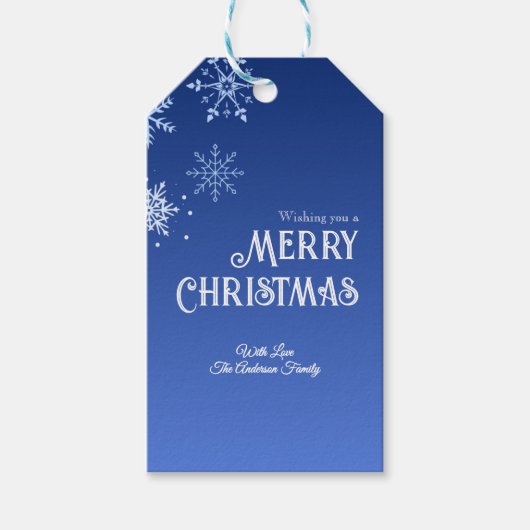 Merry Christmas Blue Modern Snowflake Cadeaulabel (Voorkant)