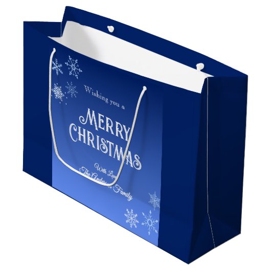 Merry Christmas Blue Modern Snowflake Groot Cadeauzakje (Voorkant Gekanteld)