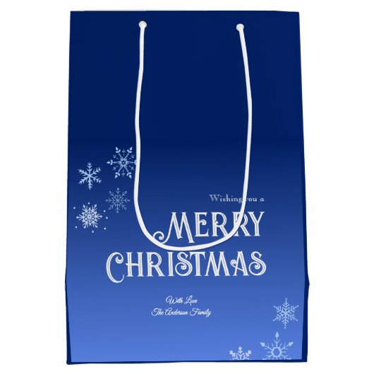 Merry Christmas Blue Modern Snowflake Medium Cadeauzakje (Achterkant)