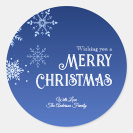Merry Christmas Blue Modern Snowflake Ronde Sticker