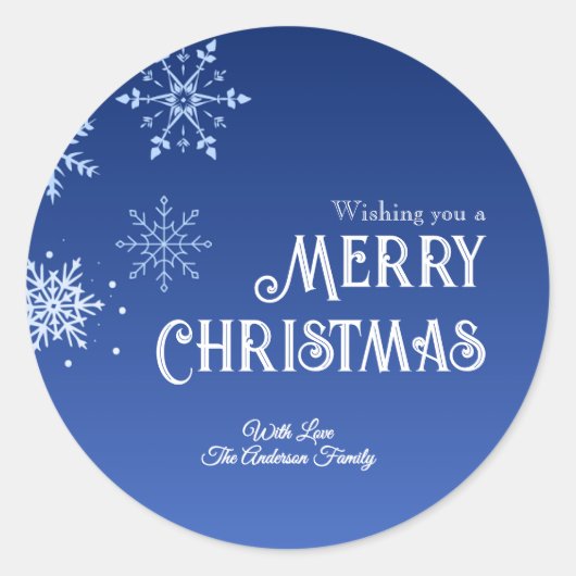 Merry Christmas Blue Modern Snowflake Ronde Sticker (Voorkant)